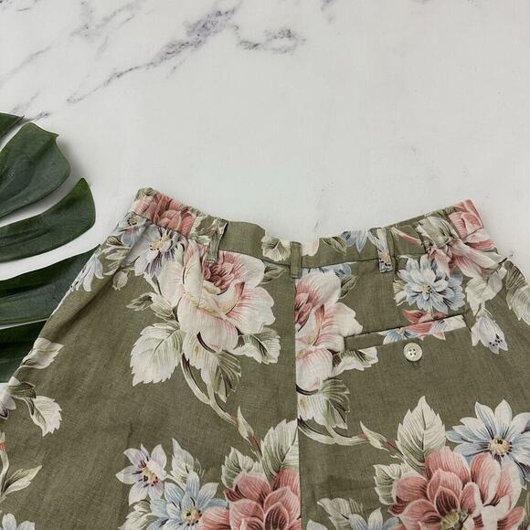 Evan Picone Womens Vintage 90s Linen Shorts Size 6 Green Pink Floral Pleated - Picture 7 of 9